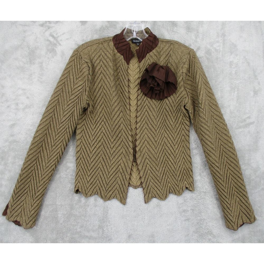Komarov Jacket Womens Small Chevron Pleated Knit Flower Brooch Office Preppy